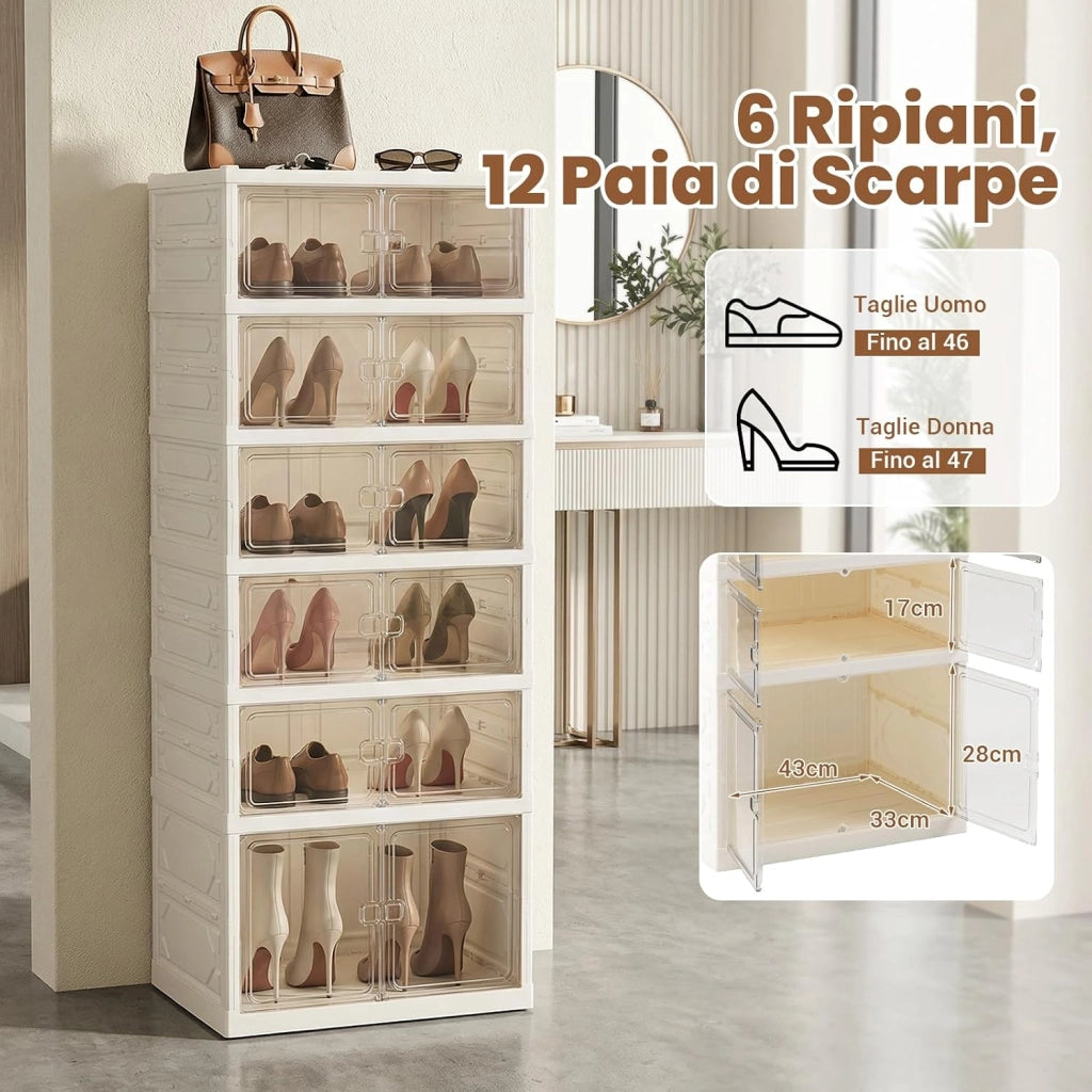 Scatole per Scarpe, Portascarpe Pieghevole per 12 Paia con Porta Magnetica Trasparente, Scarpiera per Ingresso Camera da Letto, 45x35x117 cm