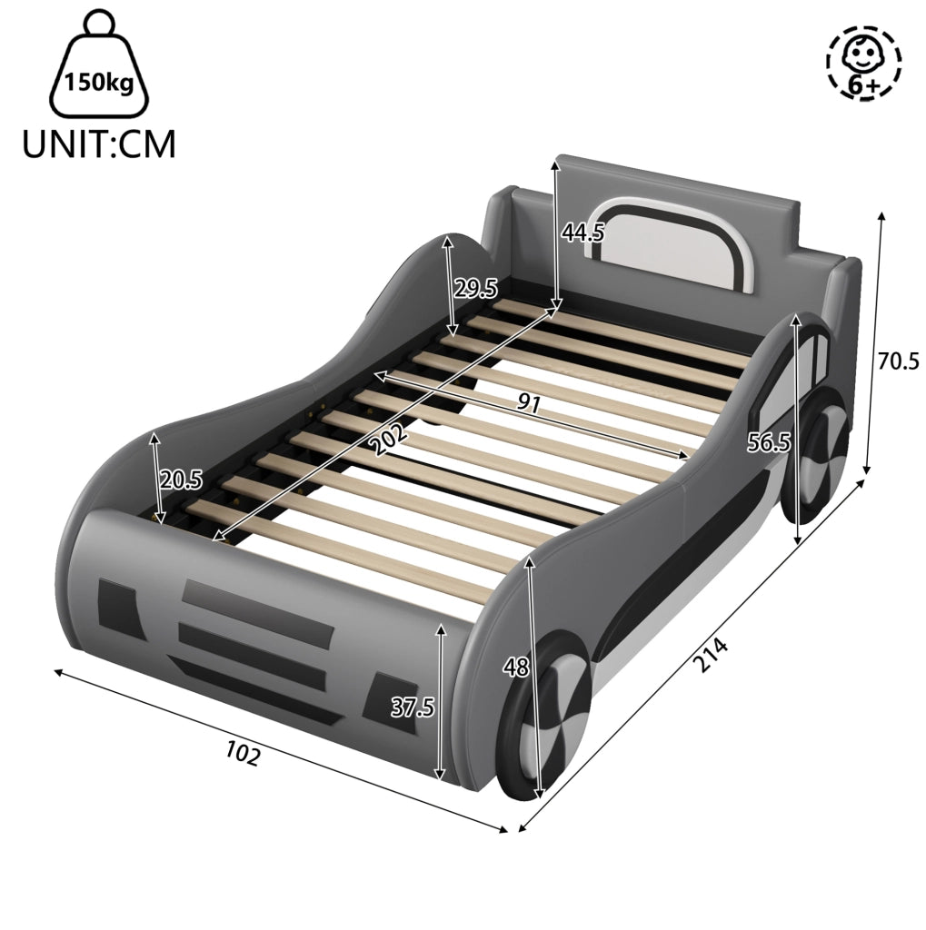 Letto per bambini a forma di auto 90x200 cm con rete a doghe e contenitore; grigio