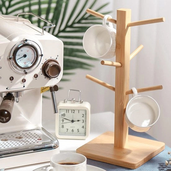 Organizzatore in legno di bambù per tazze - Borsa elegante per bicchieri con 6 ganci per cucina o sala da pranzo