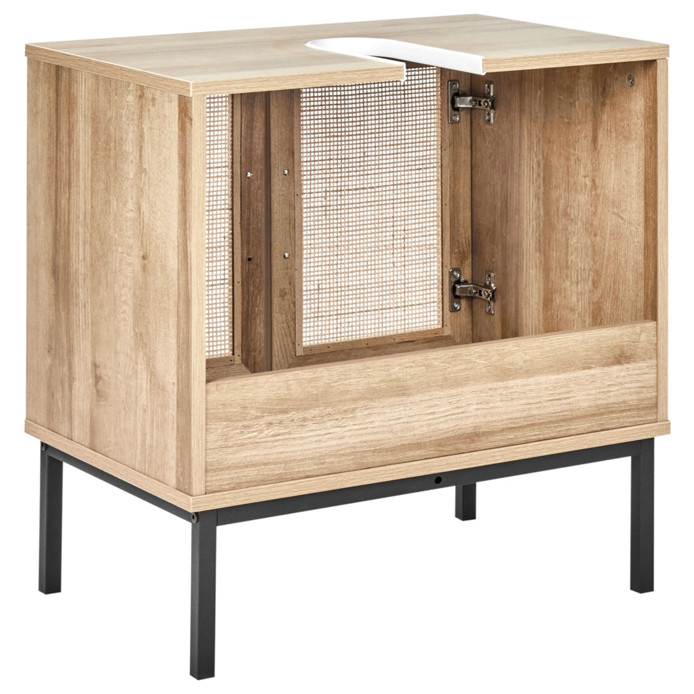 Mobiletto da bagno in particelle di legno chiaro Rattan intrecciato 60 x 60 cm Boho Design