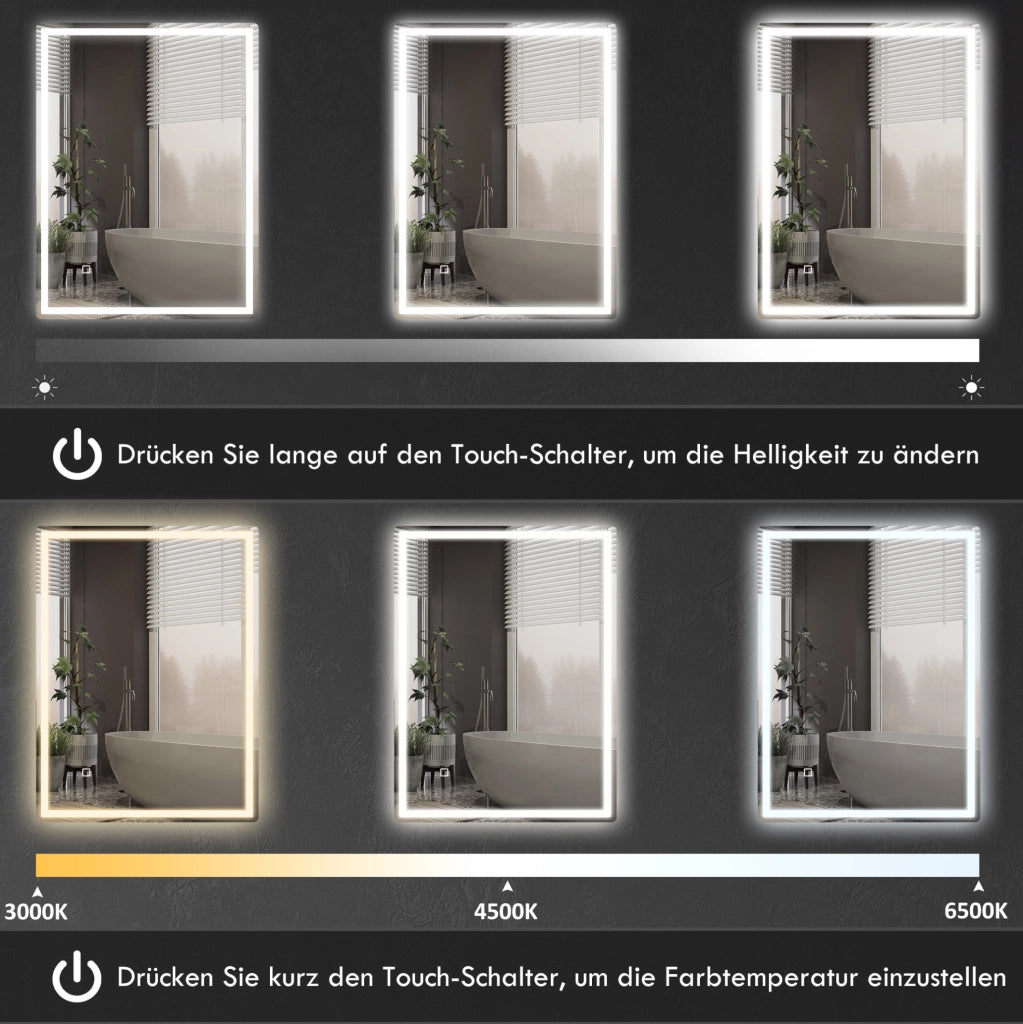 Specchio LED da bagno 60 x 80 cm con touch e antiappannamento