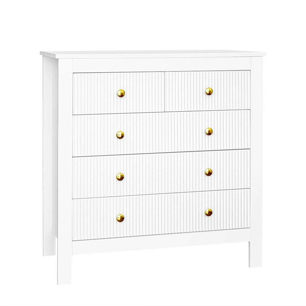 Comò con 5 cassetti e superficie strutturata, maniglie dorate, pannello truciolare bianco, 79 × 80,5 × 39,5 cm