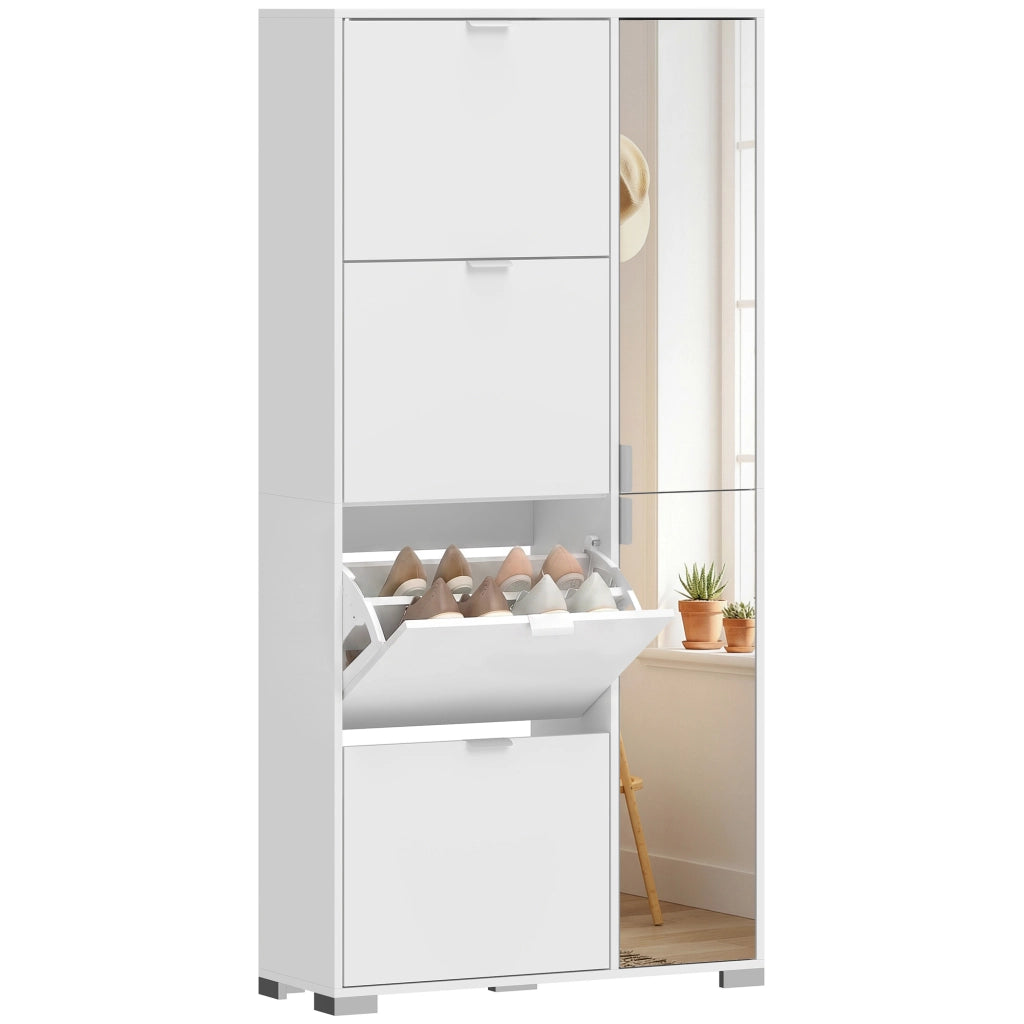 Scarpiera con Specchio, 4 Cassetti Ribalta, Scarpiera Ingresso, Bianco