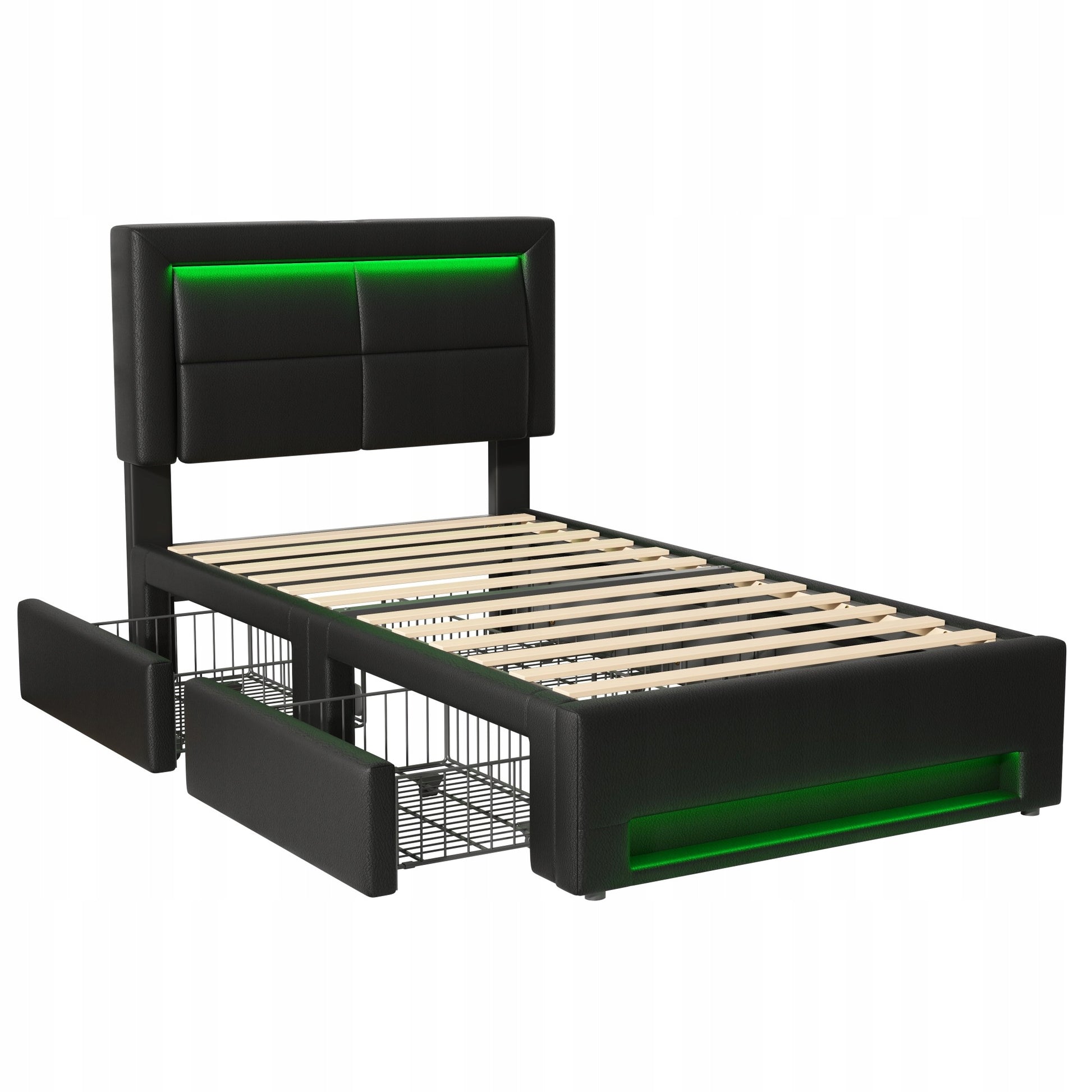 Letto singolo 90x190cm - Xylo - USB LED 4 cassetti nero PU