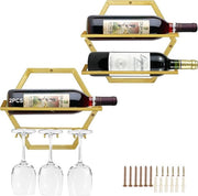 Wijnhouder a vetro da parete, 2 pezzi di vetro da vino appeso a muro con 3 holder per bicchieri in acciaio per organizzare il vino a casa, in cucina o al bar.