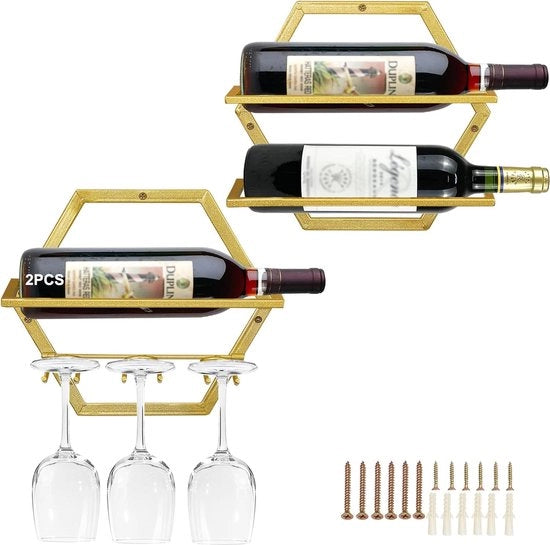 Wijnhouder a vetro da parete, 2 pezzi di vetro da vino appeso a muro con 3 holder per bicchieri in acciaio per organizzare il vino a casa, in cucina o al bar.
