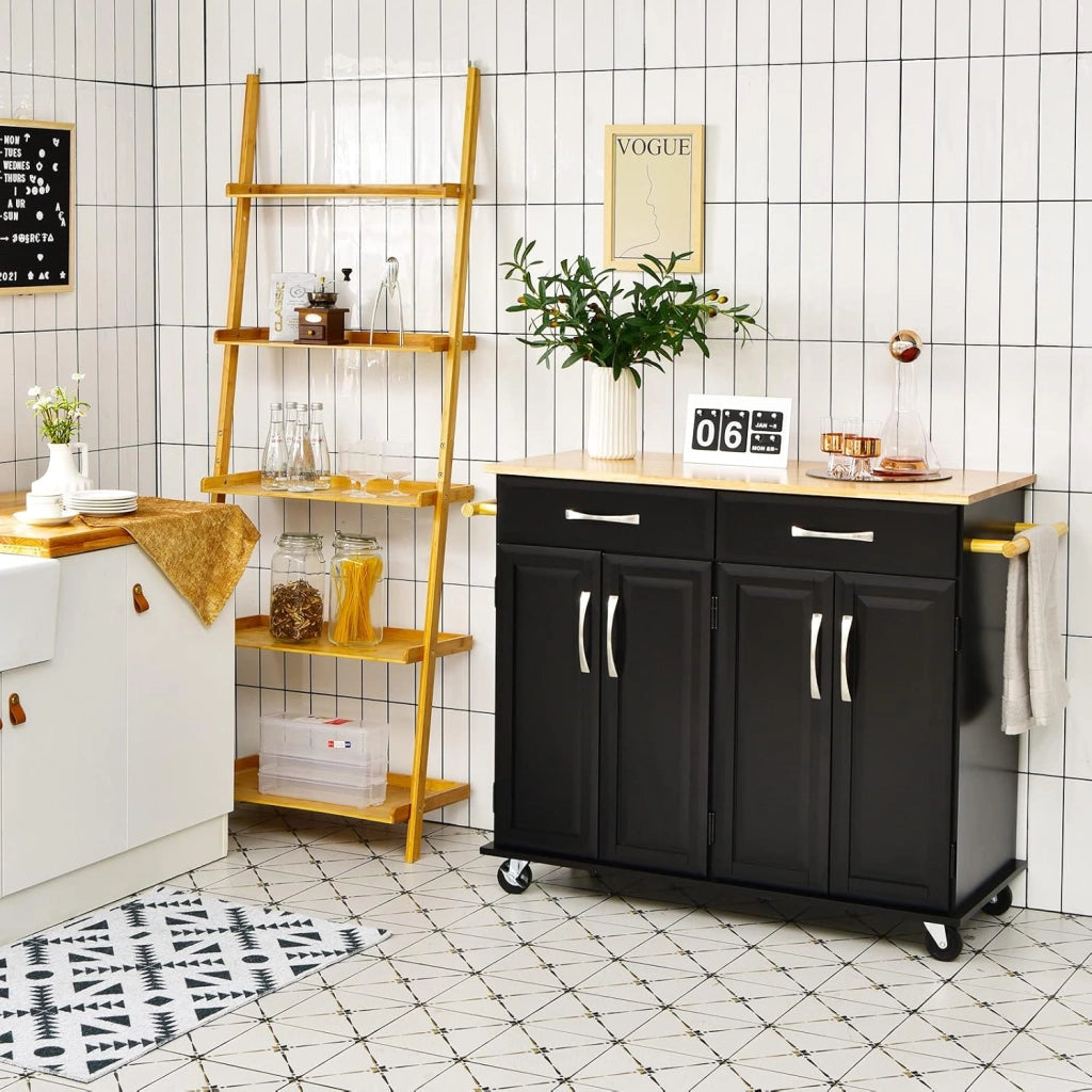 Carrello da cucina con piano di lavoro in legno di gomma con 2 armadi e ripiani regolabili, 2 cassetti grandi, portasciugamani laterali, armadio con ruote, 122 x 48 x 92,5 cm (nero)