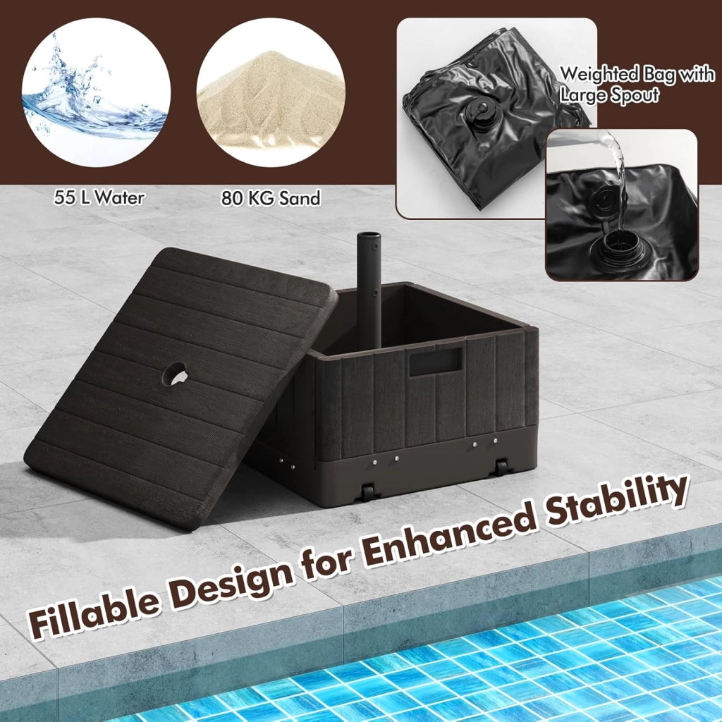 Piedino per ombrellone da riempire con 45 litri di acqua / 67 kg di sabbia supporto per ombrellone con ruote e piano di posizionamento, base per ombrellone da 38/48 mm, 53 x 53 x 45 cm