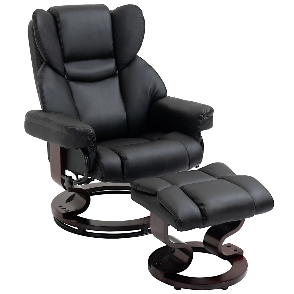 Poltrona relax girevole con sgabello, reclinabile fino a 145°, rivestimento in similpelle nera