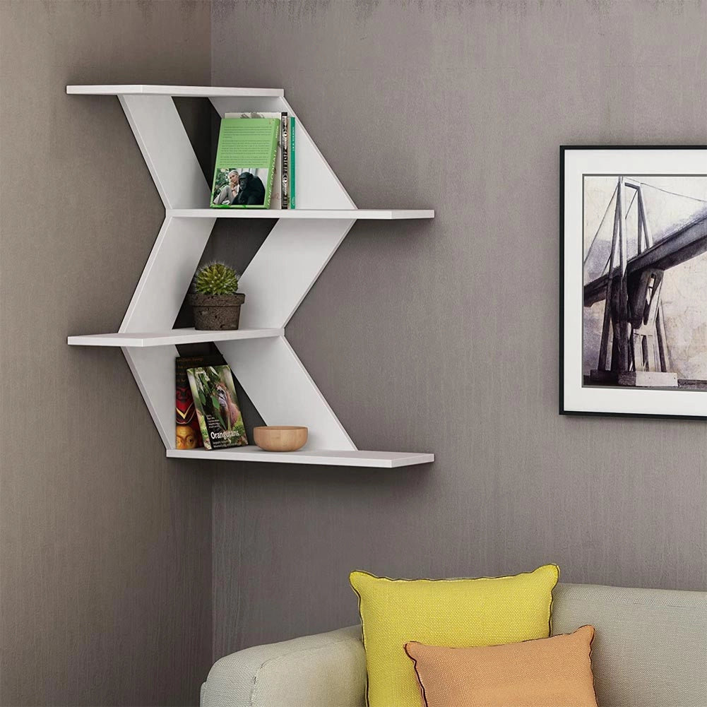 Libreria Scaffale Mensole Parete Angolare Moderna 4 Ripiani Angolo Bianco Legno