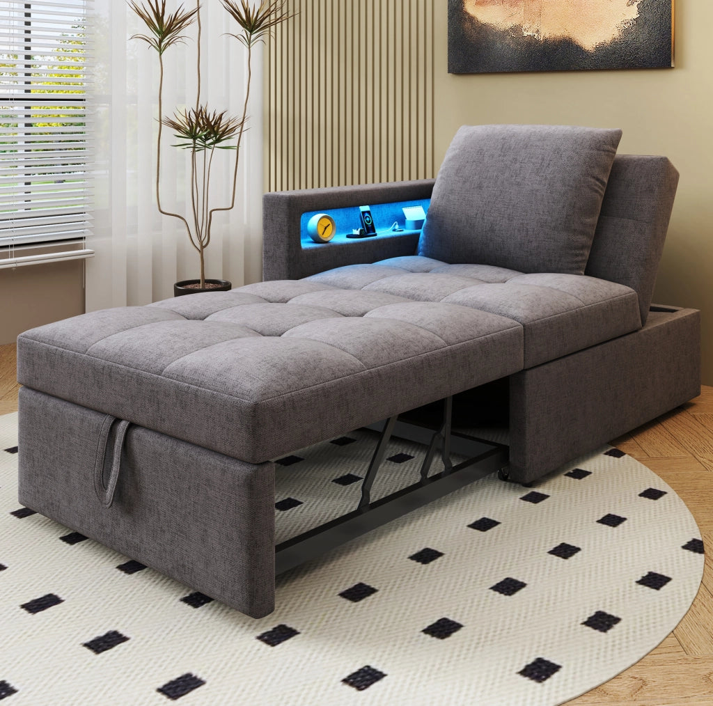 Divano letto 3 in 1 con schienale reclinabile a 5 posizioni; LED e USB in lino grigio scuro