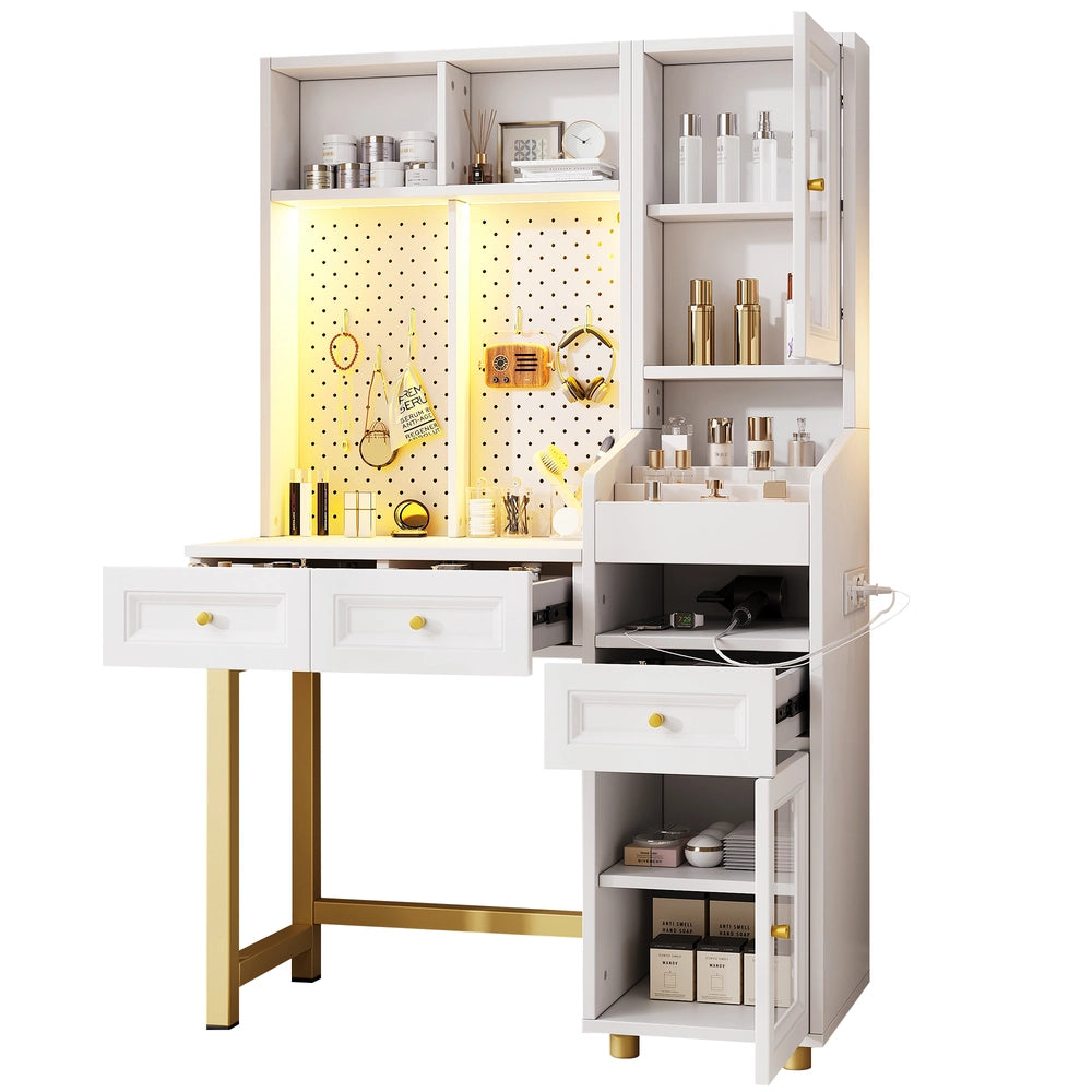 Truccatore con LED ¨C Minimal ¨C 3 cassetti, 100x45x156 cm, con prese USB e Type-C, ripiani, vetrina