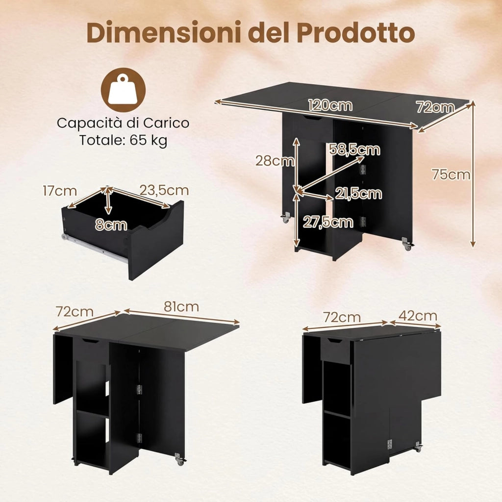Tavolo da Pranzo Pieghevole, Tavolo Salvaspazio per 4-6 Persone con 2 Ripiani, Cassetto e Ruote a Freno, Tavolino Cucina per Cucina, Soggiorno e Ufficio, 120 x 72 x 75 cm (Nero)