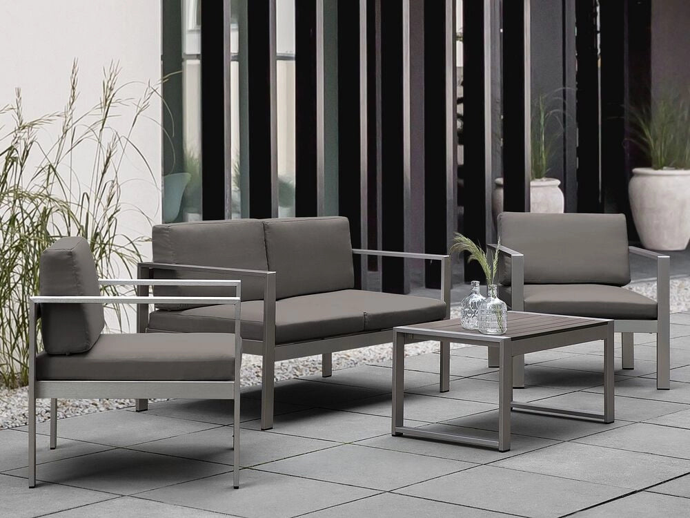 Set da giardino in 4 pezzi divano in legno di plastica grigio scuro con 2 sedie e tavolino da caffè