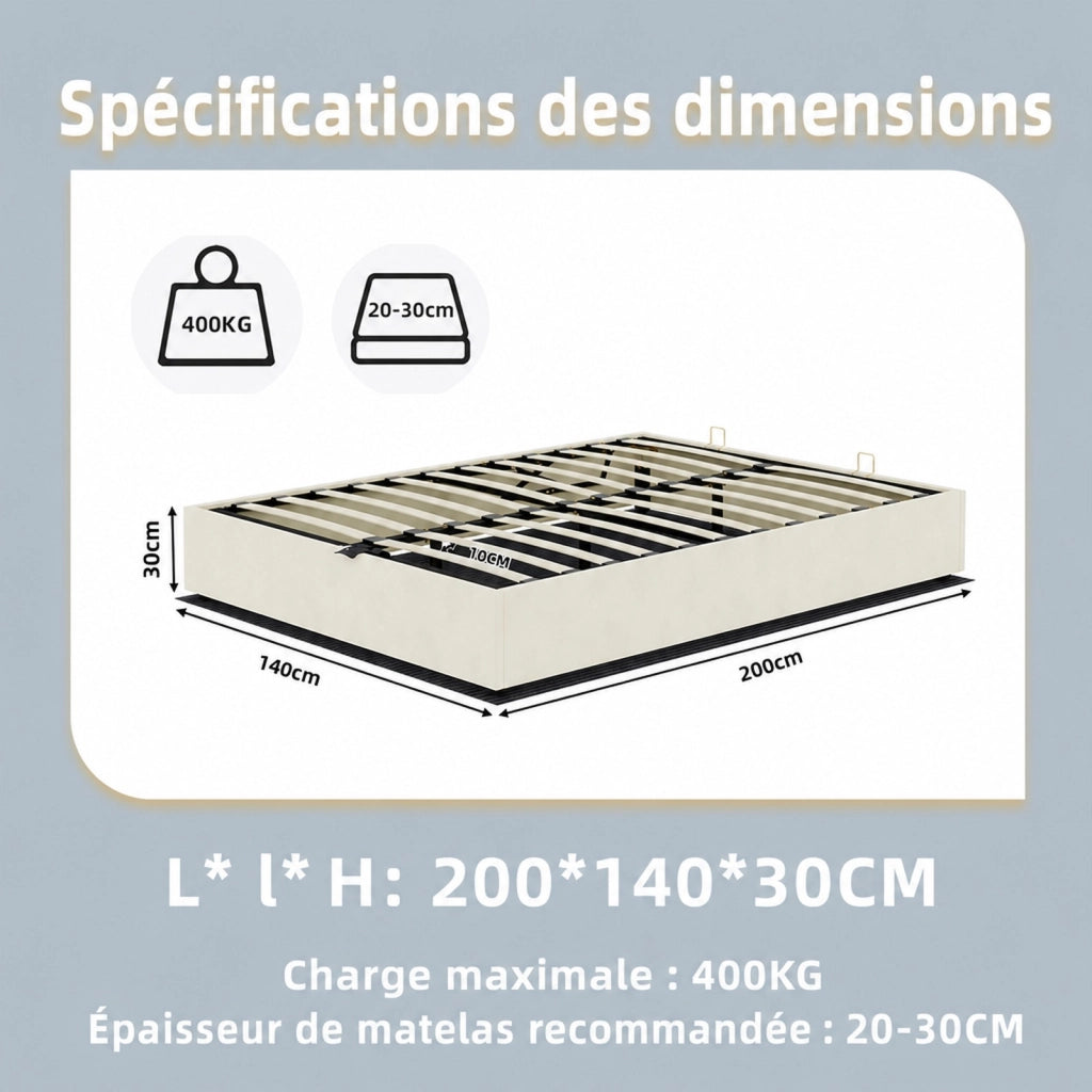 Rete letto matrimoniale 140x200 cm in tessuto e metallo, beige