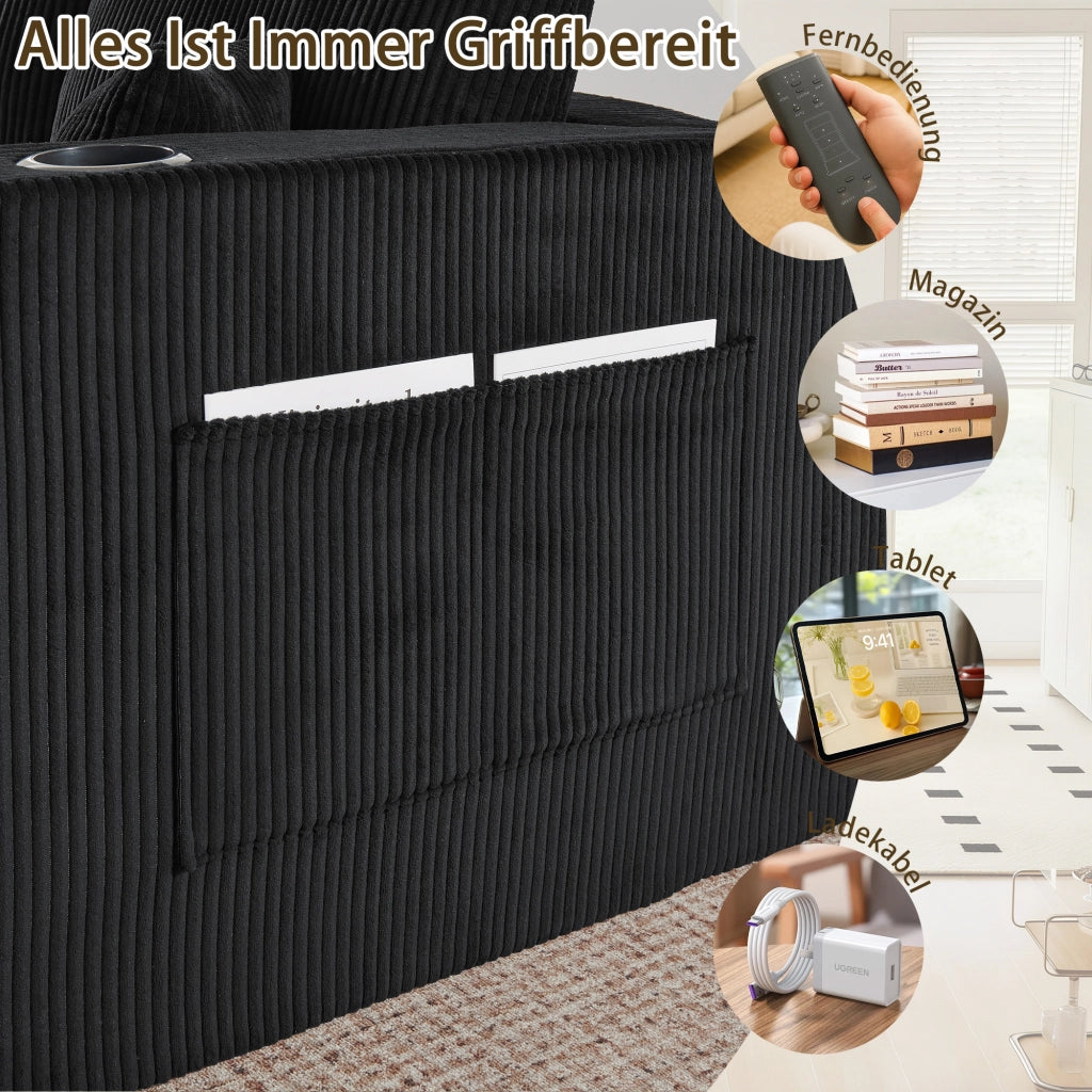 Divano angolare modulare 3 posti con pouf mobili portabicchieri tasche laterali e cuscini in velluto a coste nero