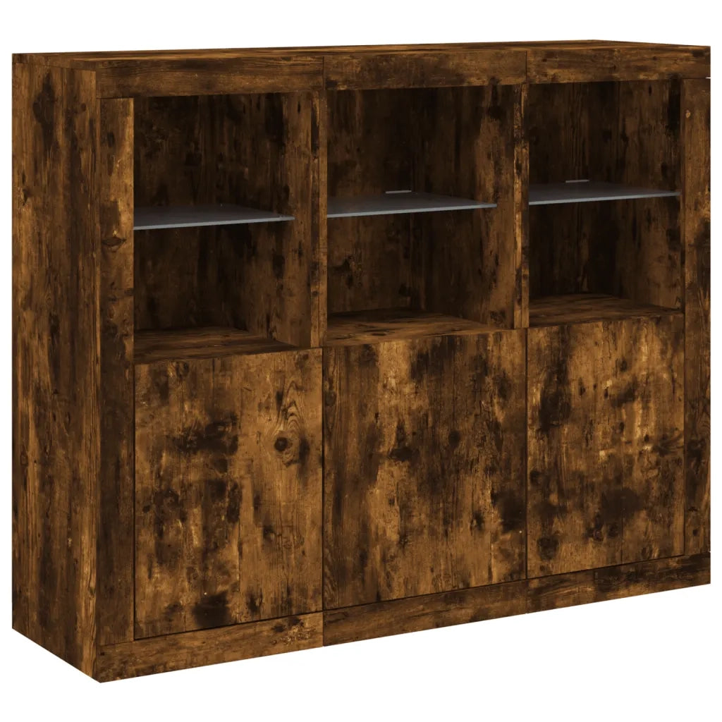 Credenze con Luci LED 3 pz | Madia | Buffet da pranzo | Armadio da pranzo Rovere Fumo in Legno Multistrato