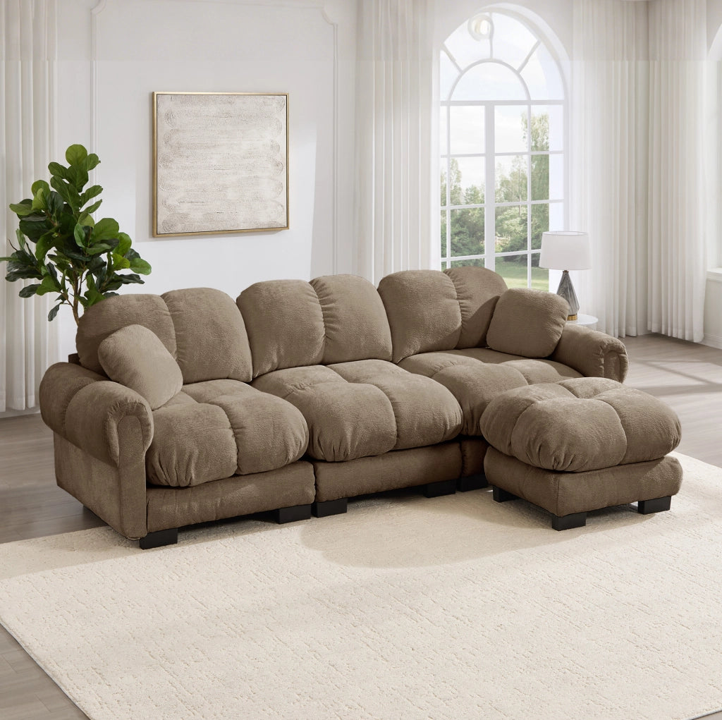 Divano angolare in ciniglia marrone con pouf mobile; 260 × 149 × 90 cm