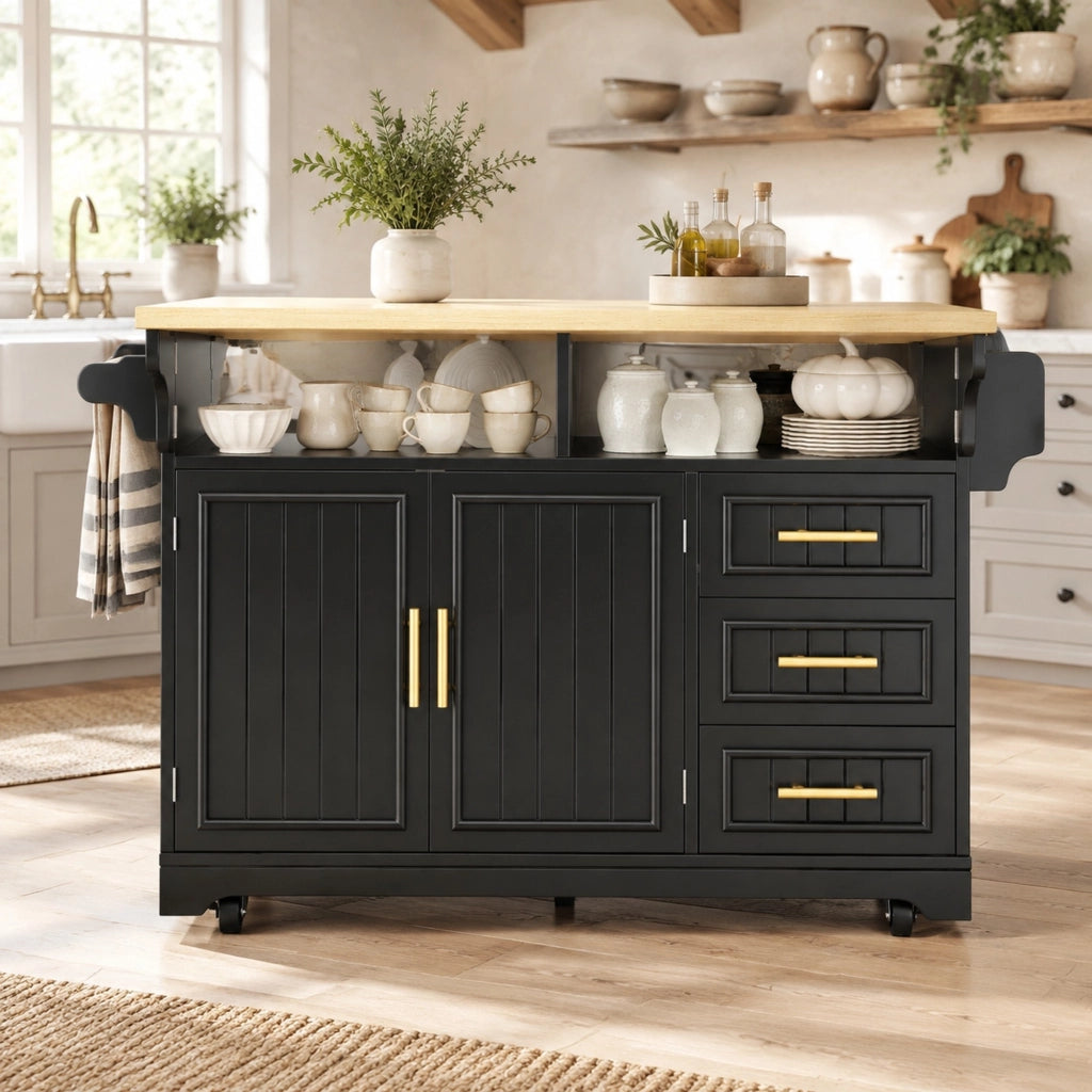 Isola da cucina 120x40(80)x95 cm con piani ribaltabili e ruote in MDF nera