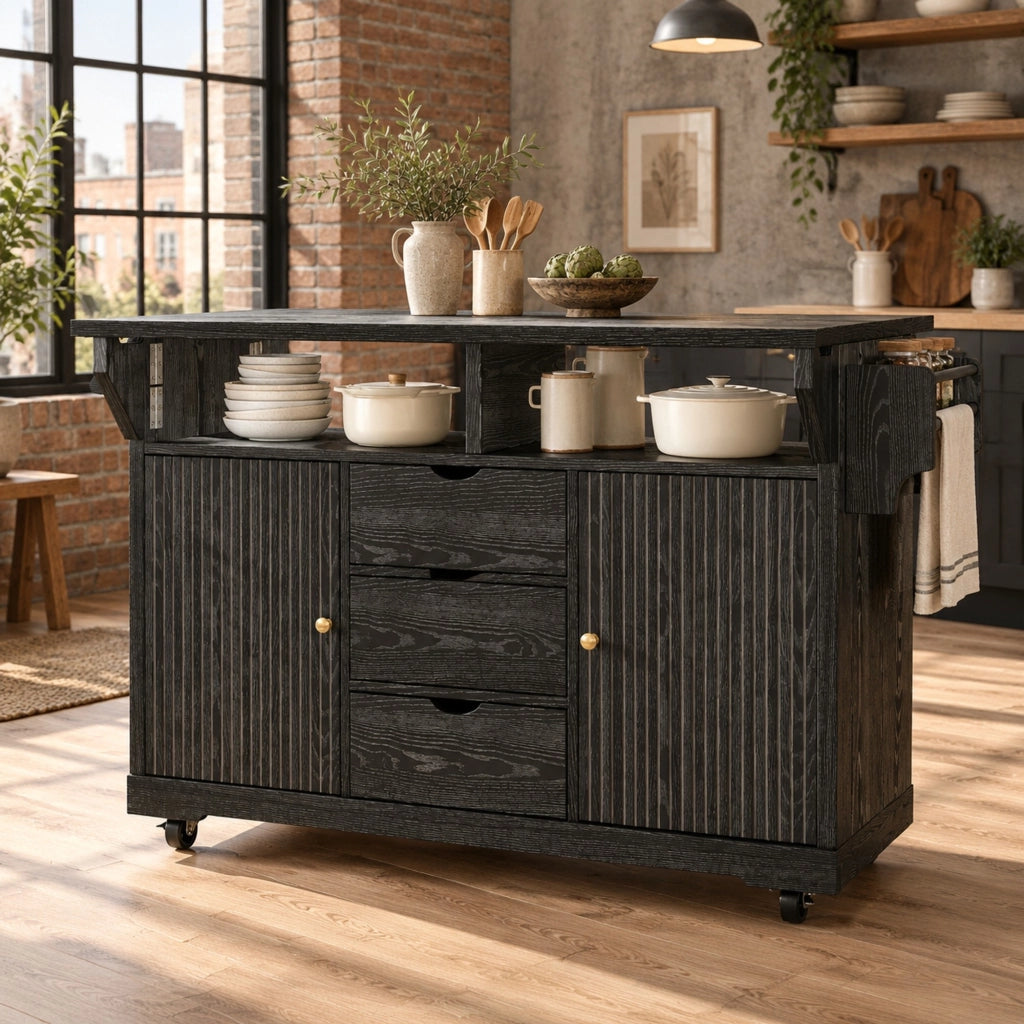 Carrello da cucina nero con ripiani pieghevoli e 3 cassetti