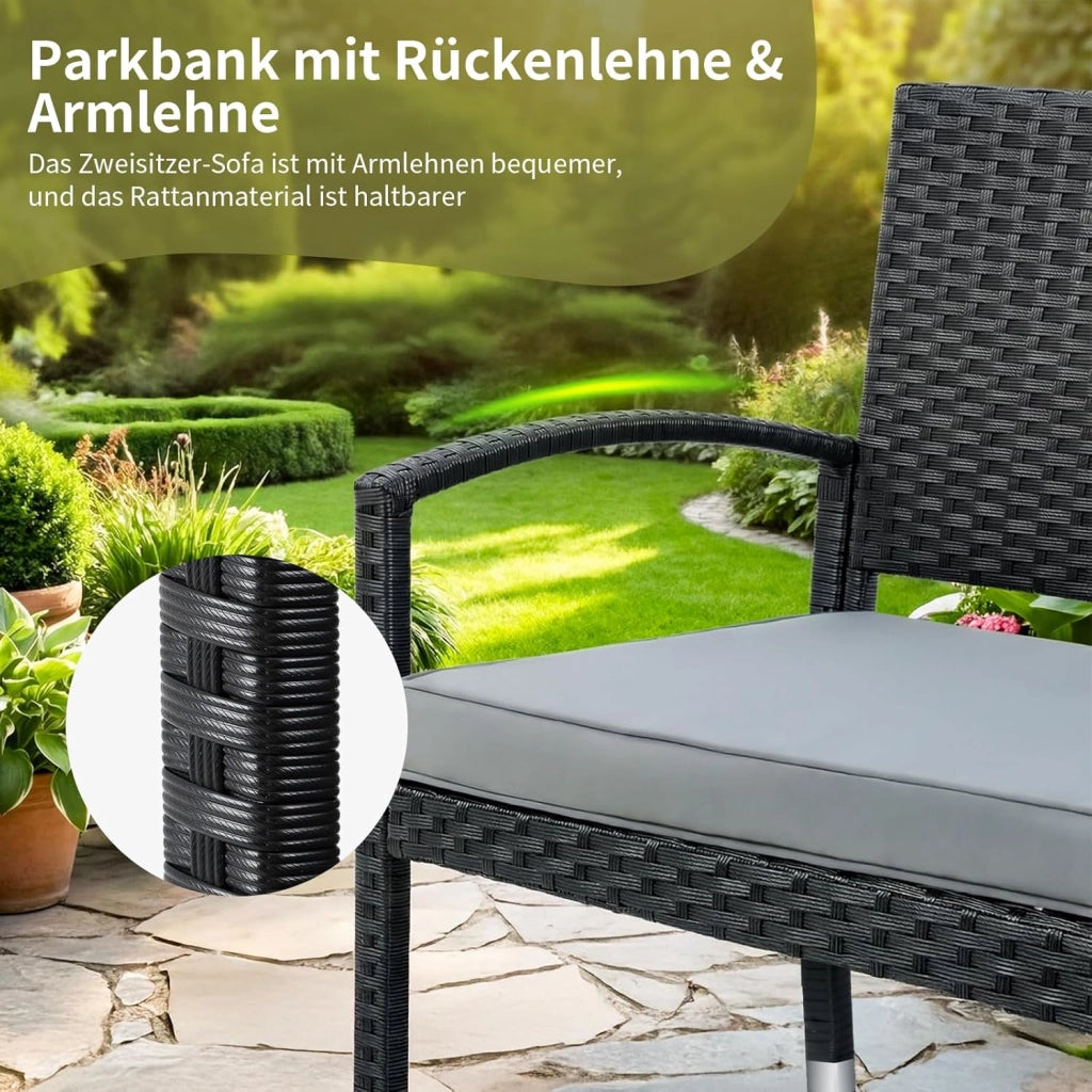 Panca da giardino, resistente alle intemperie, con cuscino, 2 posti, in polyrattan, portata 320 kg, accogliente mobili da giardino per esterni, 122 x 60 x 90 cm, per piccoli balconi, giardini