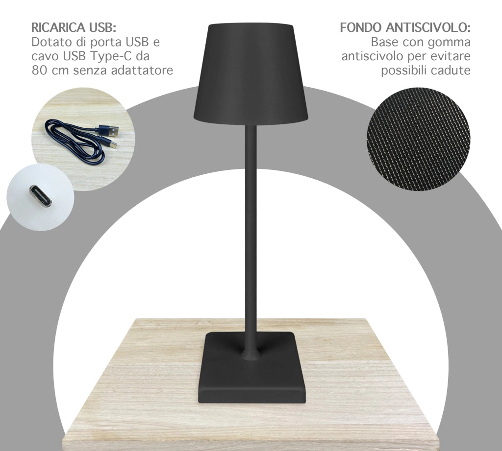 Coppia Di Lampada Da Tavolo LED Set 2 Pezzi Design Moderno Senza Fili Ricaricabile Controllo Touch Selezione Colore Intensità Dimmerabile Altezza Regolabile Con Adattatore Per Bottiglia 3000/4500/600K  2Pz-Plain-Nero