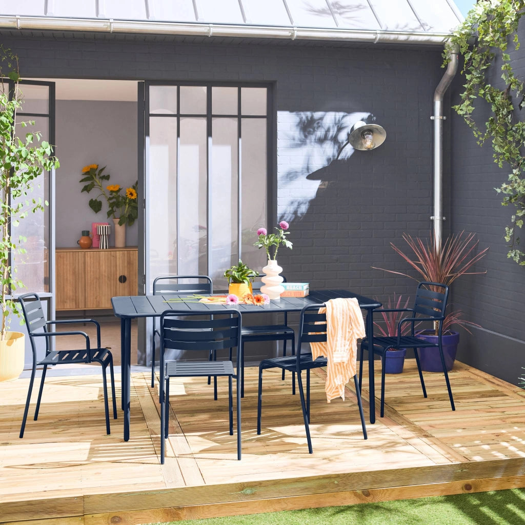 Set tavolo da giardino in acciaio con 2 poltrone e 4 sedie, blu navy
