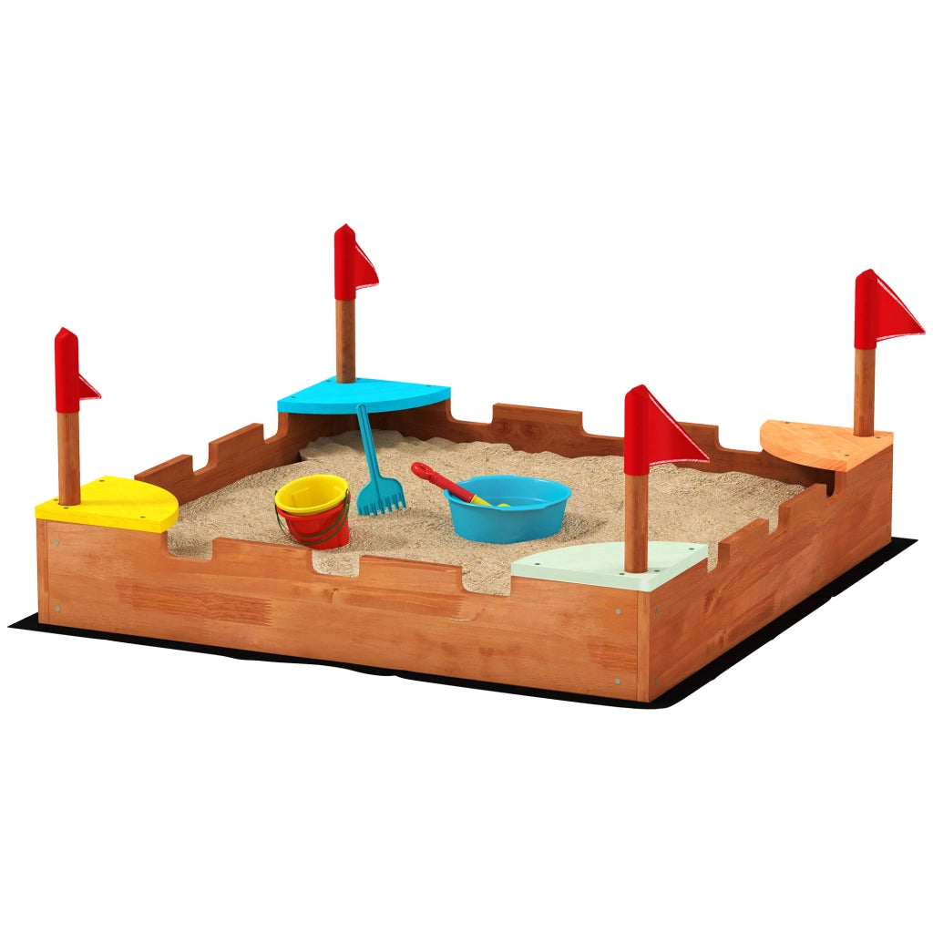 Sandbox in legno per bambini con sedili e bandiere ¨C zephmum ¨C marrone 90x90x17 cm