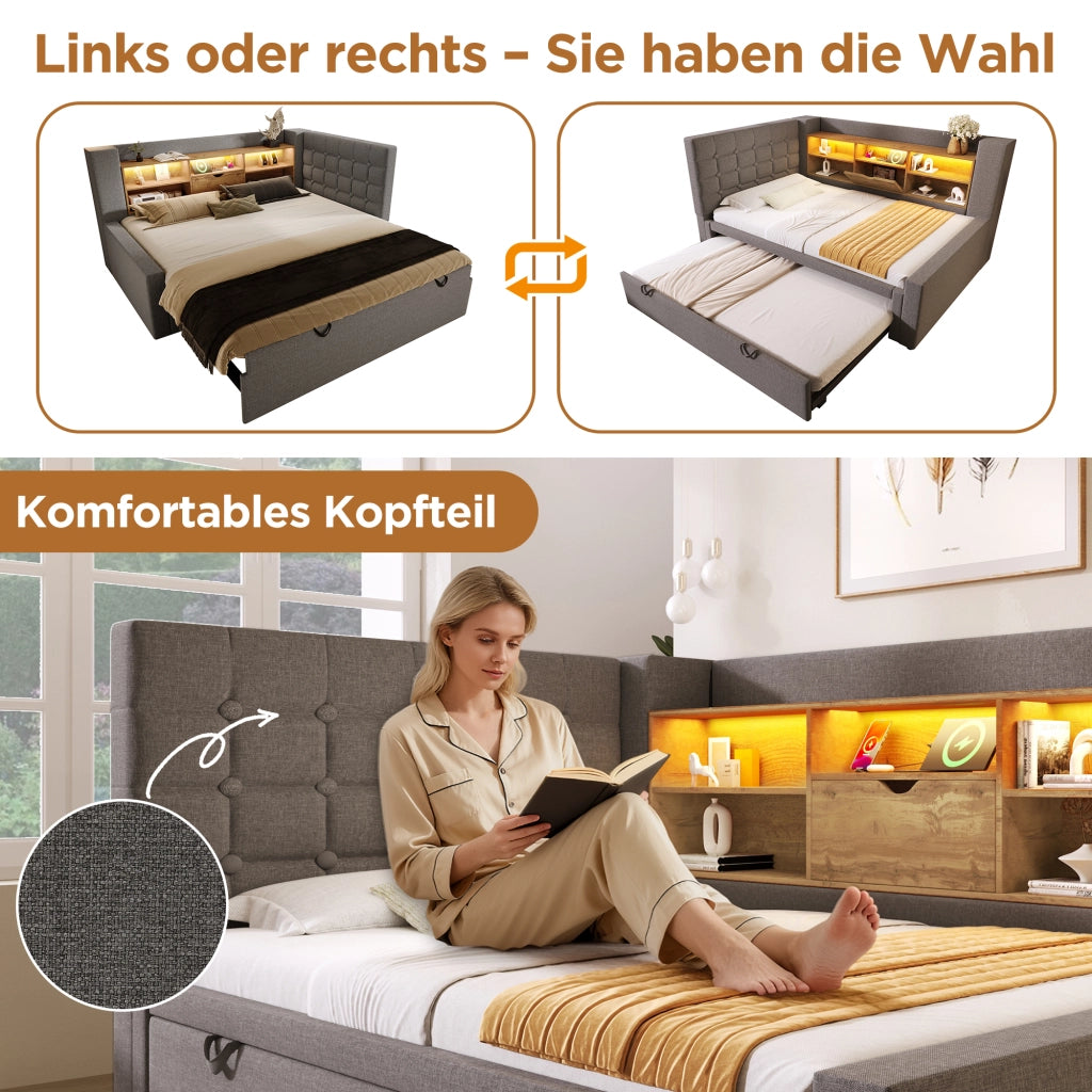 LETTO estraibile 90x200 cm in lino grigio con LED e porte USB