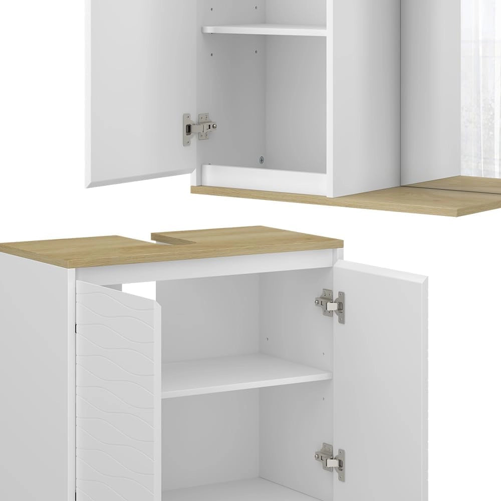 Set di mobili da bagno Livia, Bianco/quercia, 60 cm, composto da armadietto a specchio, base lavabo, 2x colonne medie, colonna alta e mobile WC