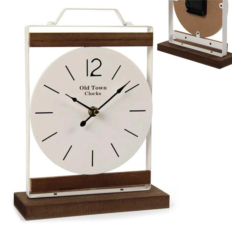 OROLOGIO DA TAVOLO IN METALLO BIANCO E LEGNO 20 X 7 X 26 CM