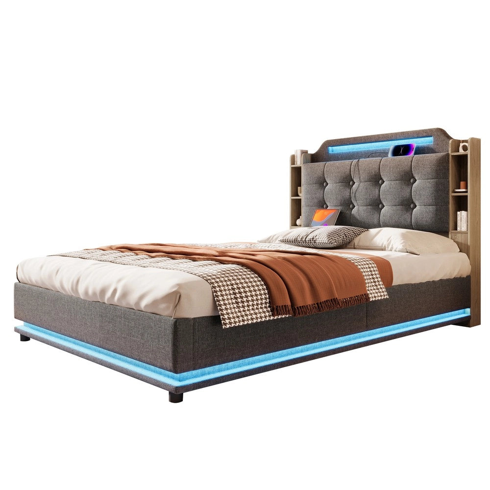 Letto Imbottito Contenitore con LED ¨C MINIMAL ¨C Tessuto Grigio, 140x200, USB, Idraulico