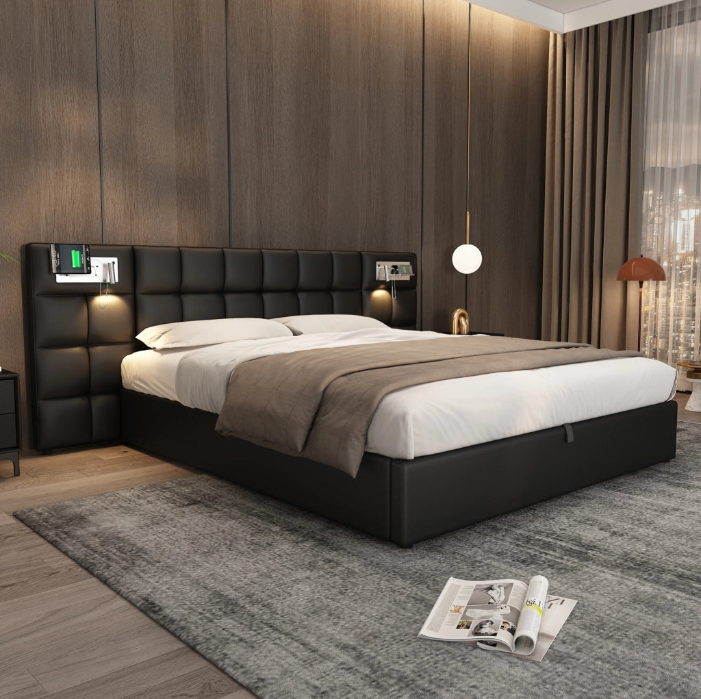 Letto imbottito 180x200 cm con contenitore, USB e ricarica wireless