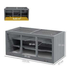 Scaffale in legno per piccoli animali a più livelli con rete metallica e tetto apribile grigio 115 × 57 × 55 cm
