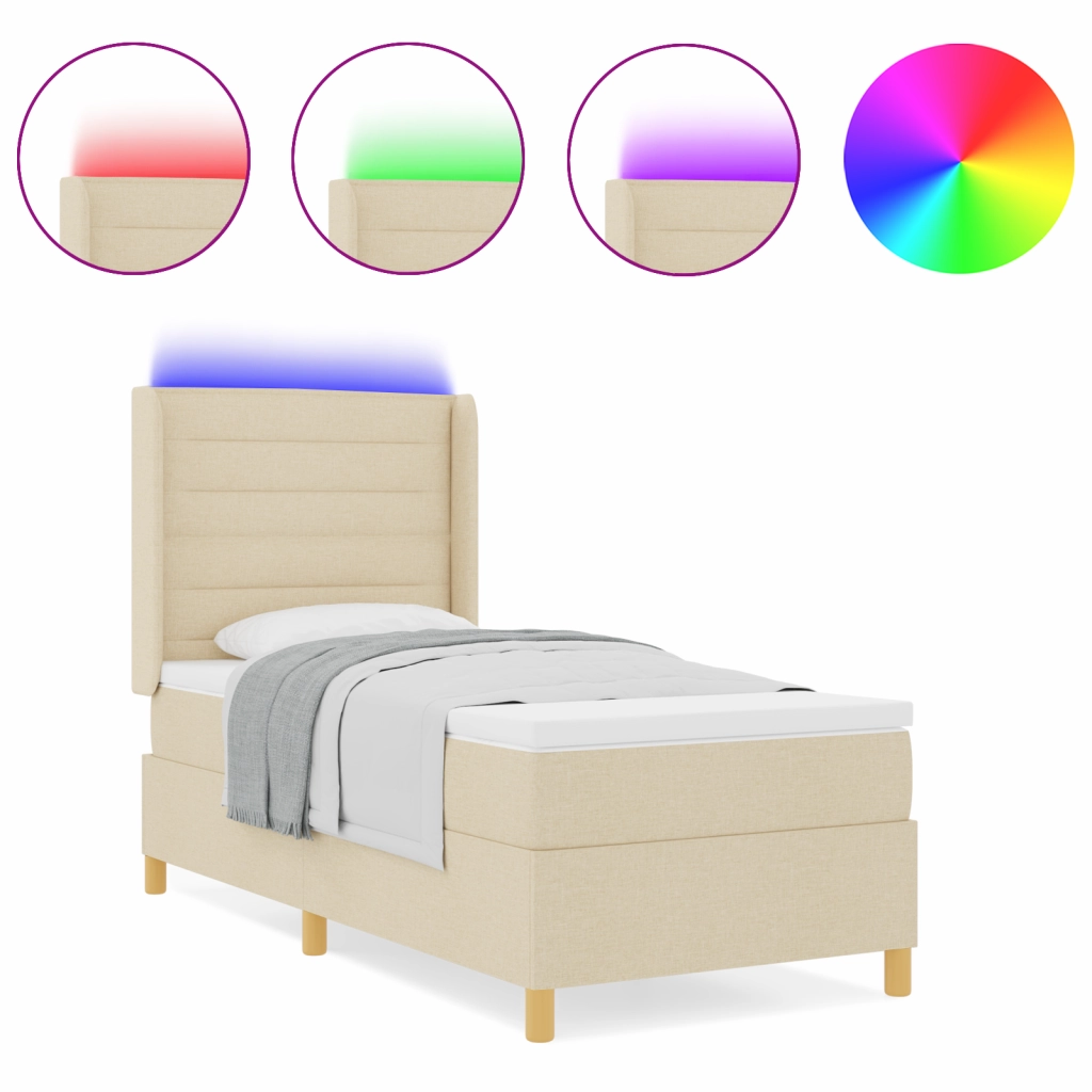 Letto Box Spring con Materasso e LED Crema 100x200 cm Tessuto