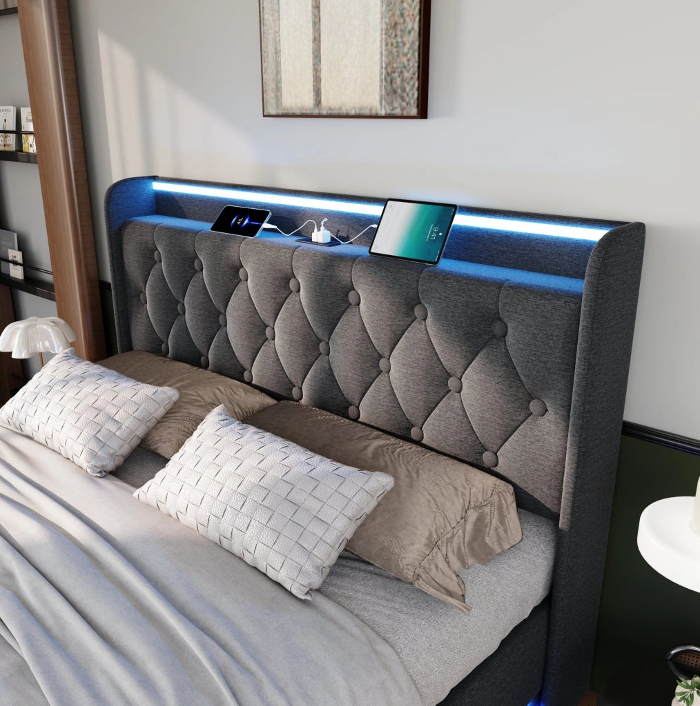 Letto matrimoniale 140x200 cm in lino grigio con LED; USB e contenitore idraulico