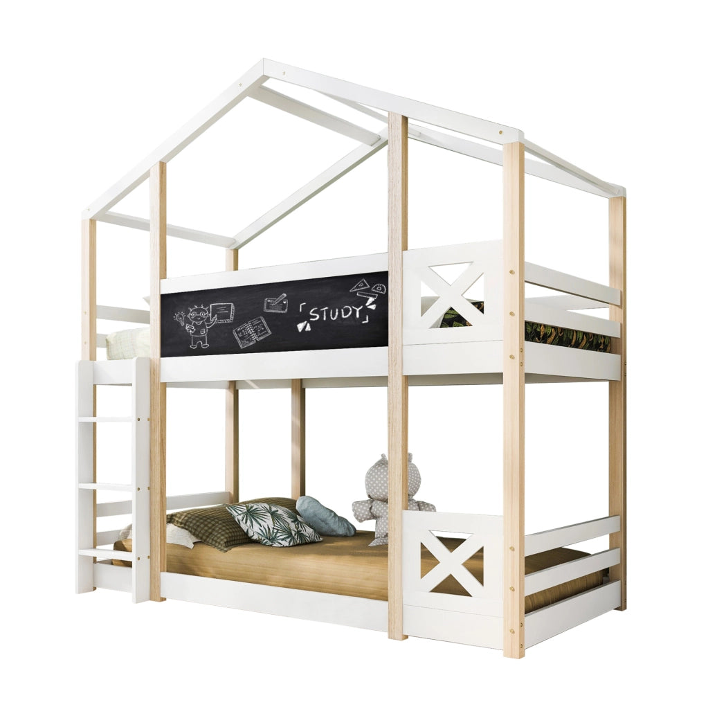 Hochbett per bambini a forma di casetta 90x200 cm con scala e lavagna; bianco in legno massello