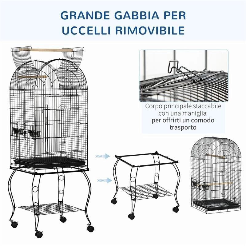 GABBIA PER UCCELLI E CANARINI, VOLIERA CON RUOTE IN METALLO NERO 51X51X153 CM