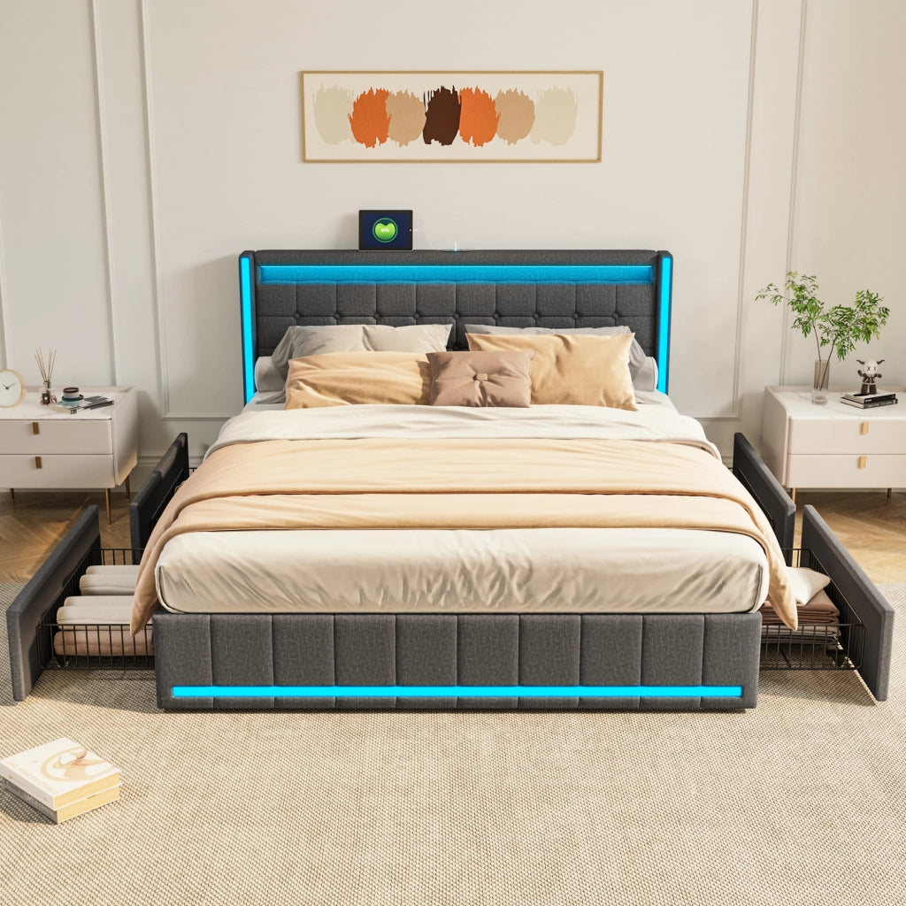 Letto 140x200 cm con cassetti; LED e USB; grigio scuro