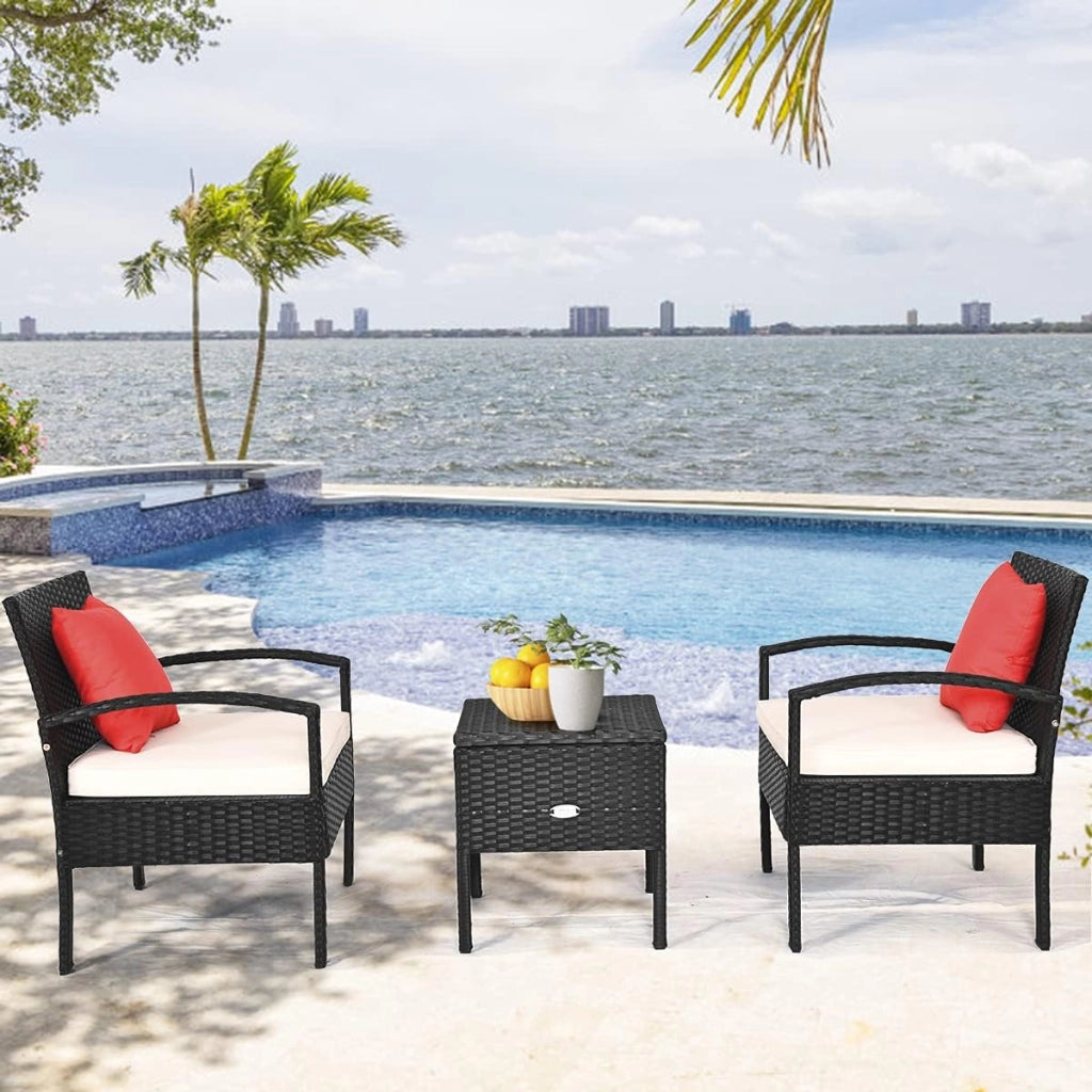 Set di mobili da esterno 3 pezzi, poltrone da giardino in rattan PE e tavolino da caffè, resistenti, con cuscini morbidi rimovibili, per giardino, terrazza, bistrot
