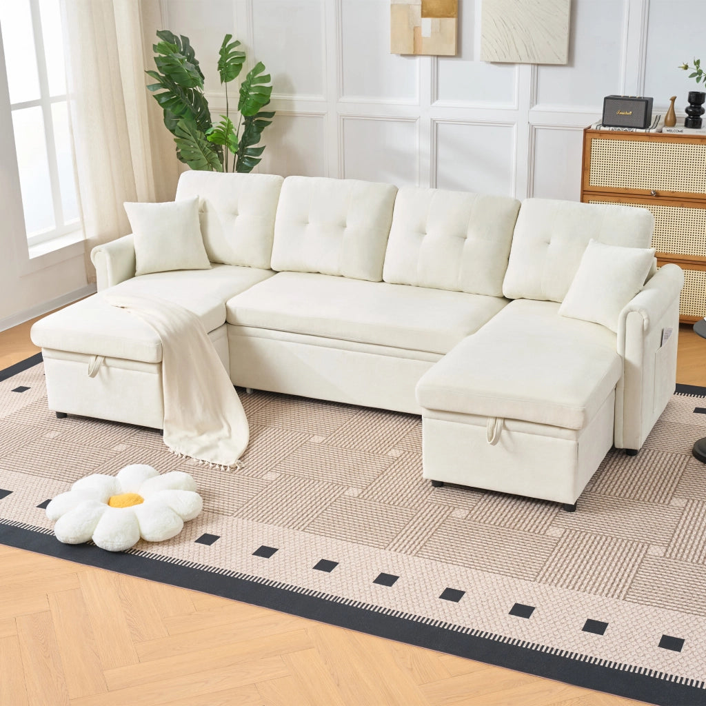 Divano panoramico a U con funzione letto e contenitore doppio tasca laterale cuscini in chenille beige