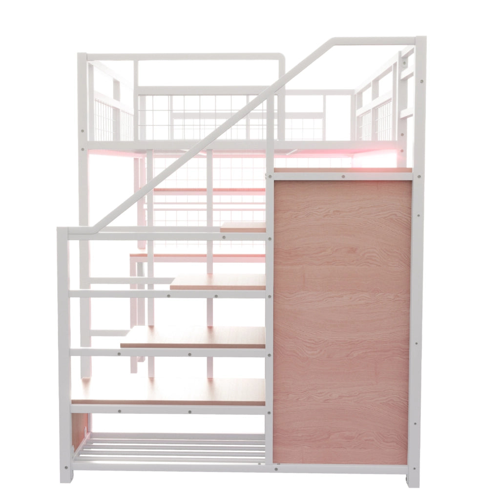 Letto a soppalco in metallo 140x200 cm bianco con scrivania; scaffale; scala contenitore e luce