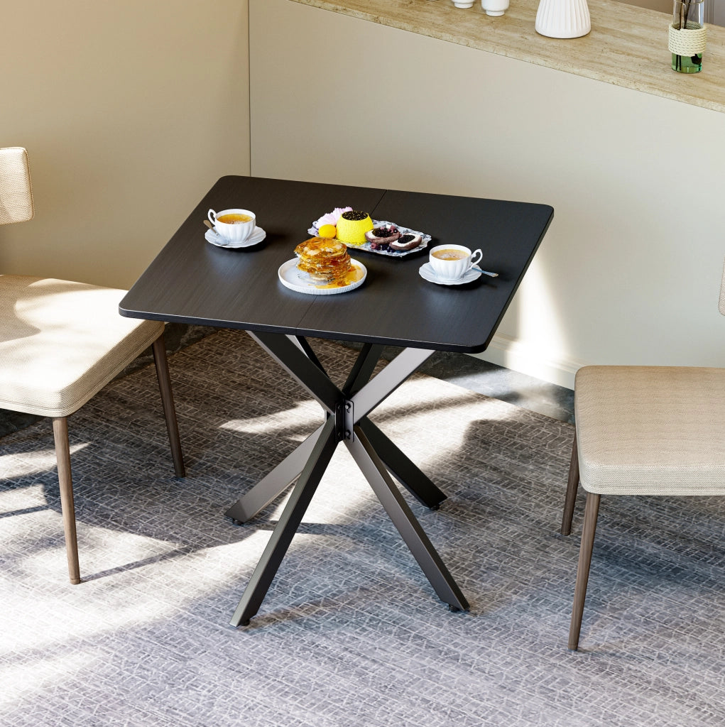 Tavolino 80x80x75 cm; struttura a X stabile; ferro e pannello truciolare; nero