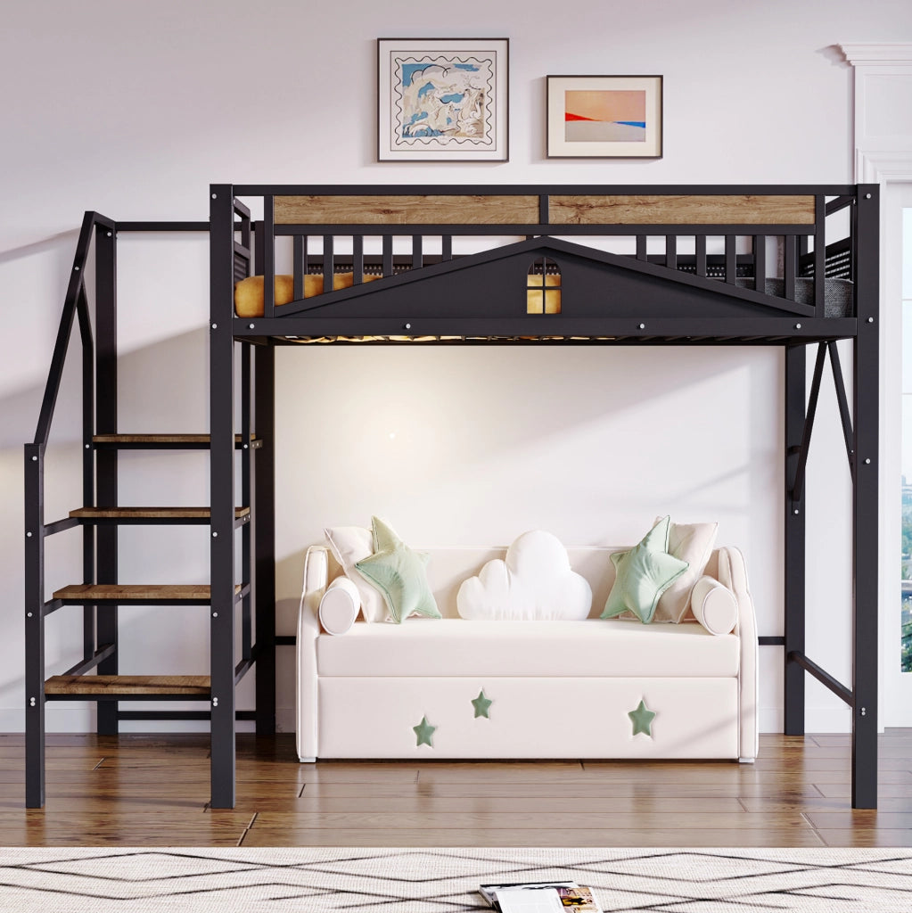 Letto a soppalco 140x200 cm con scala di sicurezza e spazio contenitore in metallo e legno nero