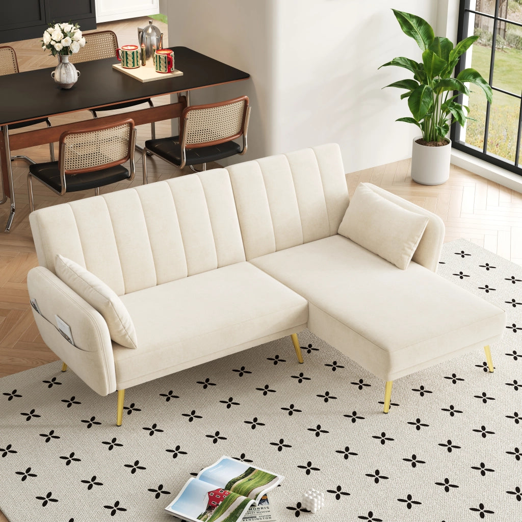 DIVANO LETTO angolare 191,5x130,5 cm in velluto beige con chaise longue reversibile