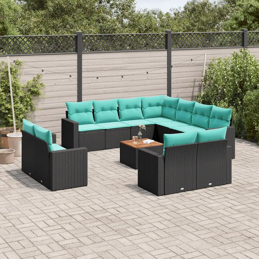 Set Divani da Giardino 12pz con Cuscini Nero in Polyrattan