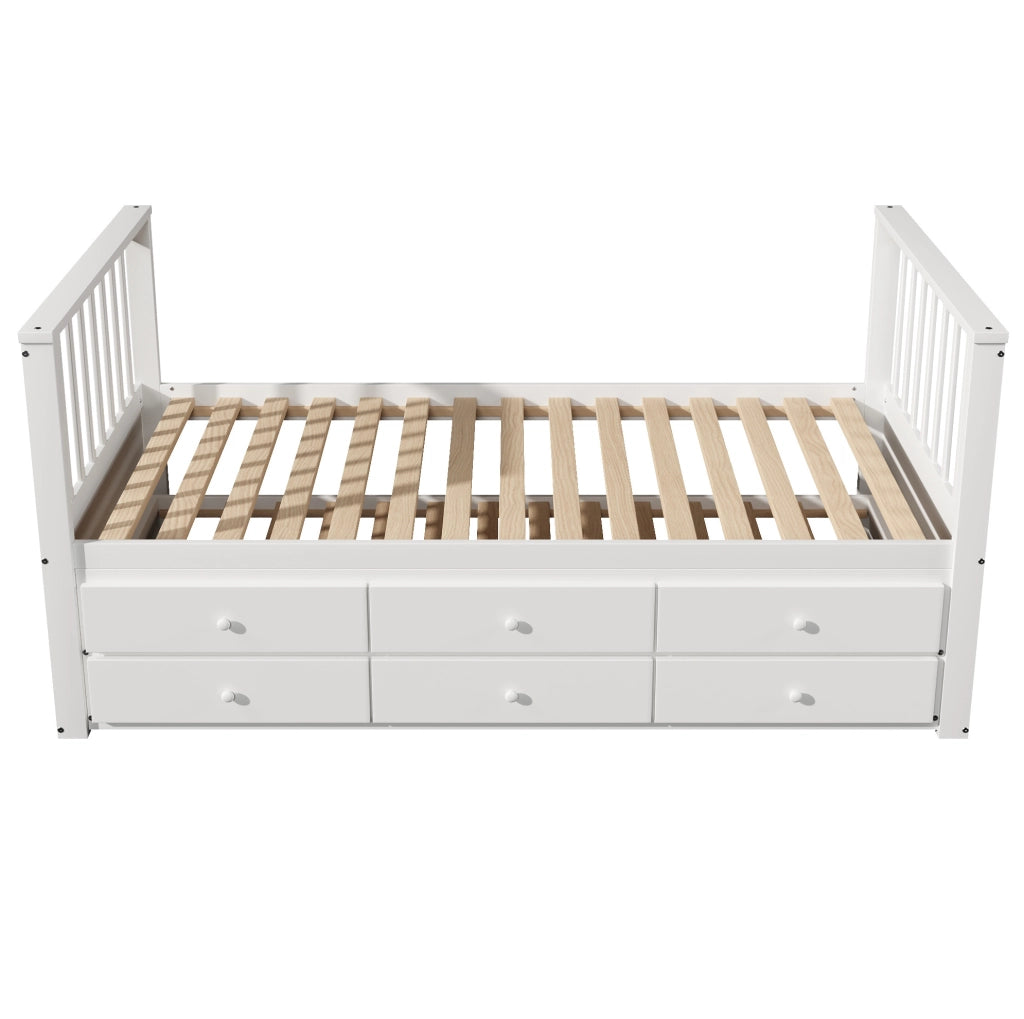 Letto singolo con letto estraibile e 3 cassetti 90x200 cm in legno di pino e MDF bianco