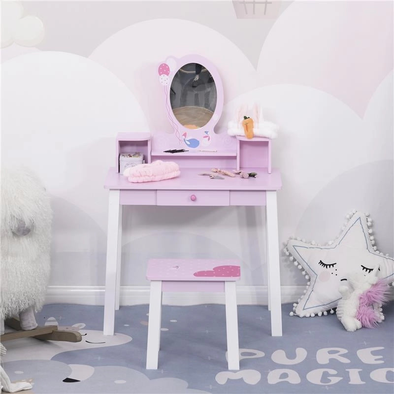 SET TAVOLO SPECCHIO E SGABELLO IN LEGNO PER BAMBINI ROSA