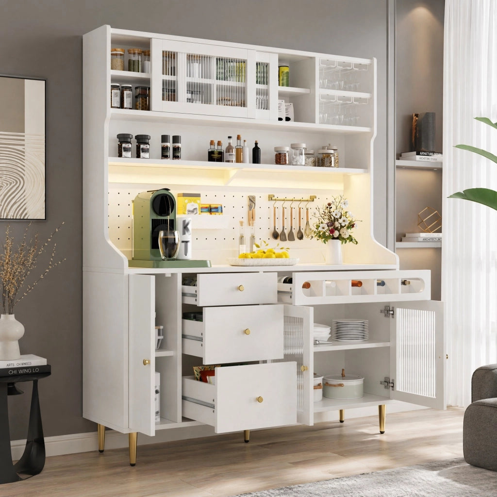 ARMADIO ALTO 145x39x171 cm Bianco in vetro e MDF con LED