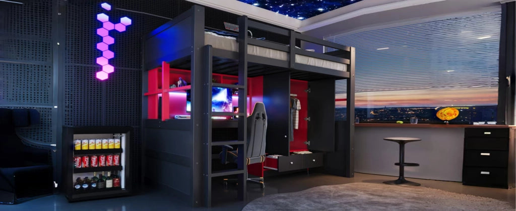 DESMIU Letto a soppalco 90 × 200 cm con scrivania, armadio, cassetti, LED, prese, senza materasso, nero e rosso